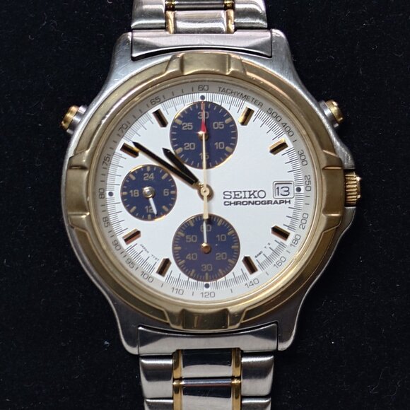 Seiko Chronograph 7T27-6A50 Men's Watch Two-tone Gold Navy JDM Japan New Battery - Picture 3 of 8